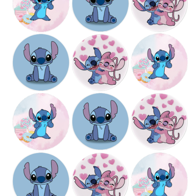 Doze círculos com ilustrações dos personagens Stitch e Angel do filme Lilo & Stitch em fundos coloridos