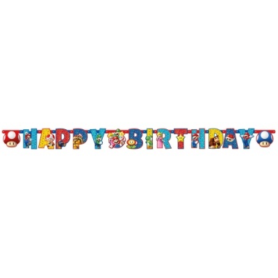 Letras coloridas que formam 'HAPPY BIRTHDAY' com temas Super Mario