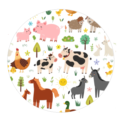 Ilustração circular com vários animais de quinta e elementos naturais coloridos