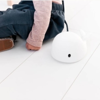 Criança sentada ao lado de objeto branco em forma de golfinho