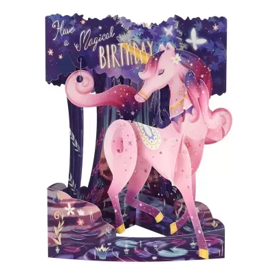 Cartão de aniversário com unicórnio cor-de-rosa e texto Have a Magical BIRTHDAY