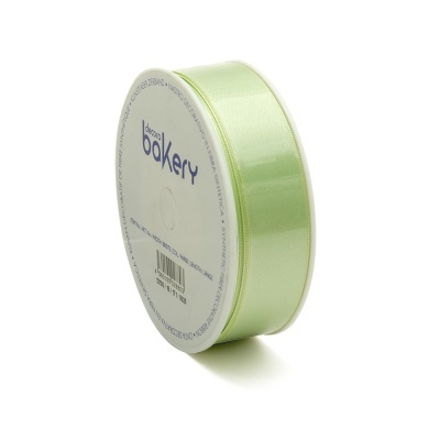 Rolo de fita decorativa verde claro com embalagem branca e texto azul