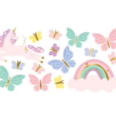 Ilustração de unicórnio, borboletas coloridas e arco-íris sobre nuvens