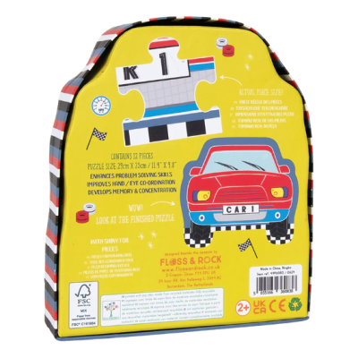 Embalagem de puzzle infantil com ilustração de carro vermelho e texto em inglês