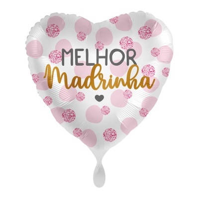 Balão metálico em forma de coração com bolinhas rosa e texto MELHOR Madrinha