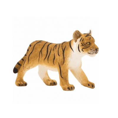 Figura de tigre em plástico com riscas pretas e corpo castanho e branco