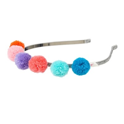 Tiara metálica com seis pompons coloridos