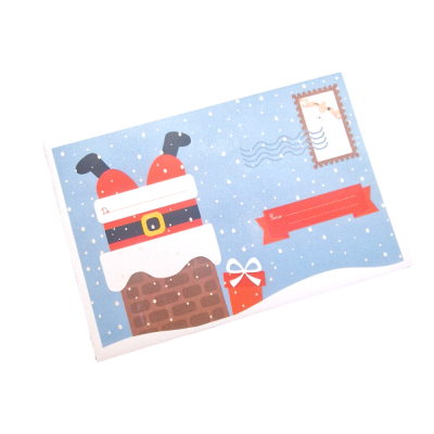 Postal de Pai Natal de cabeça para baixo numa chaminé com flocos de neve e um presente