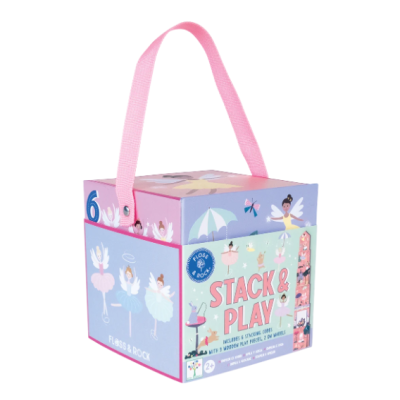 Caixa quadrada colorida com desenhos de fadas e texto