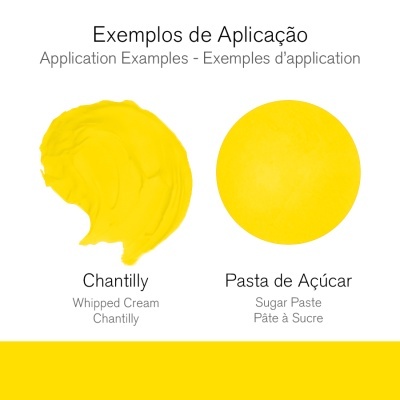 Duas amostras amarelas etiquetadas como Chantilly e Pasta de Açúcar com textura cremosa e lisa respectivamente.