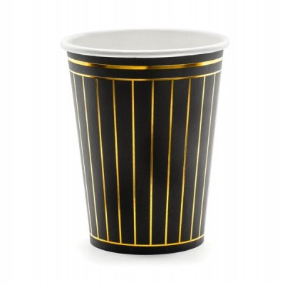 Copo descartável preto com riscas douradas em fundo branco