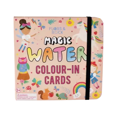 Livro Magic Water Colour-In Cards com capa rosa decorada e banda elástica preta