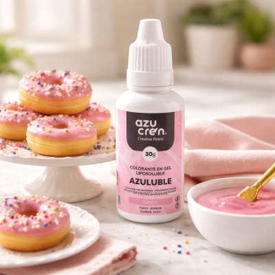 Colorante em gel AZULUBLE com donuts cor-de-rosa e confetis, prato e chávena branca com mistura cor-de-rosa