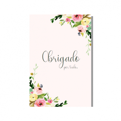 Cartão branco com flores coloridas e texto Obrigado por tudo...