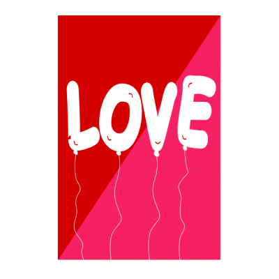 Cartaz com letras brancas em forma de balões a soletrar LOVE, fundo vermelho e rosa.
