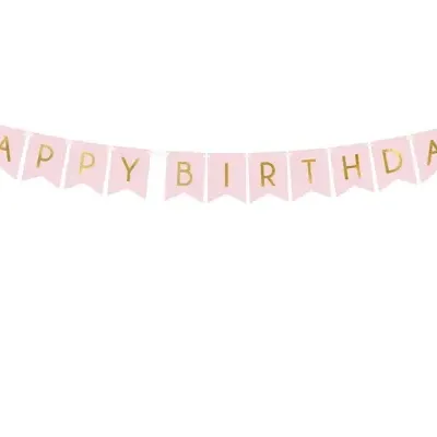 Guirlanda decorativa rosa com letras douradas HAPPY BIRTHDAY