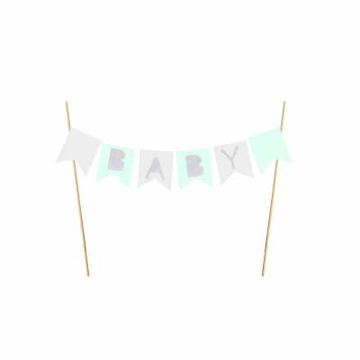 Guirlanda decorativa para bolo com a palavra BABY em bandeirolas coloridas
