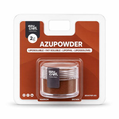 Pó castanho Azupowder em embalagem plástica com rótulo castanho