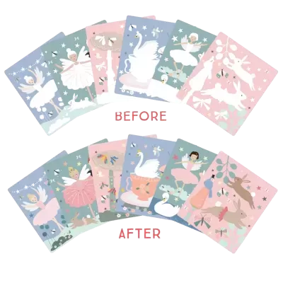 Cartas infantis coloridas com desenhos de bailarinas e animais em dois conjuntos, antes e depois da coloração.
