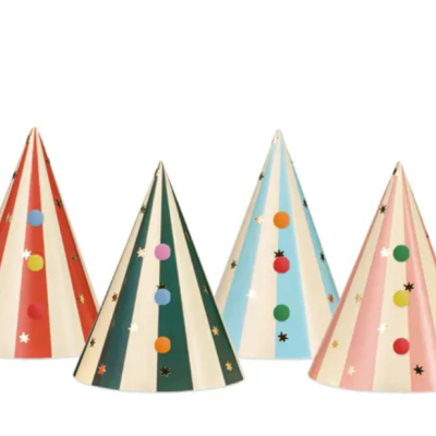 Chapéus de festa cónicos de papel com riscas douradas e bolas coloridas