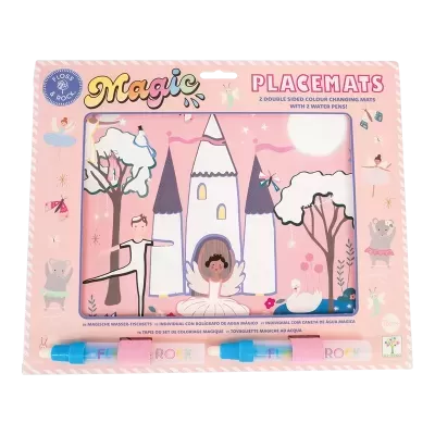 Pacote rosa com jogo de toalhetes de mesa Magic Placemats com castelo e bailarinos e 2 canetas de água azuis.