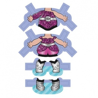 Fantoche de papel com roupas roxas e calçado branco sobre fundo branco.