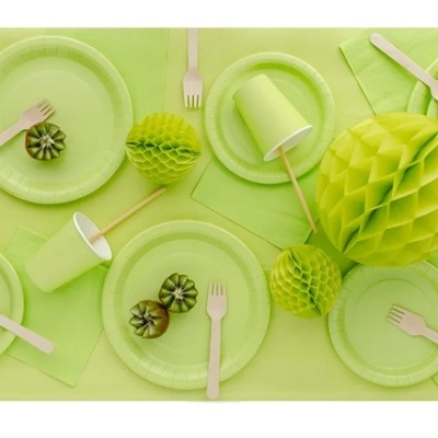 Conjunto de festa verde com pratos, copos, talheres e decoração de papel