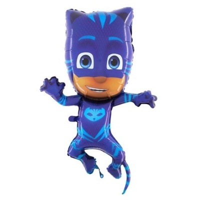Balão azul e roxo do personagem Catboy com máscara e roupa detalhadas