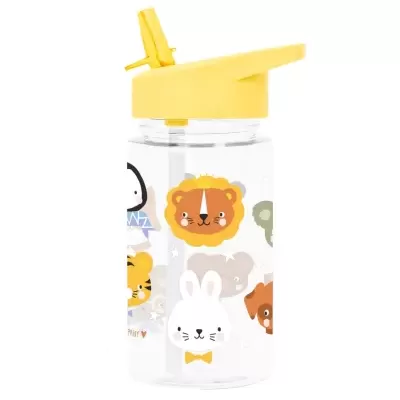 Garrafa infantil de plástico transparente com desenhos de animais e tampa amarela