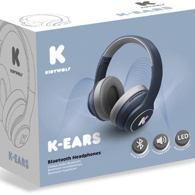 Caixa de auscultadores Bluetooth K-Ears Kidywolf com auscultadores azuis e cinzentos e luzes LED multicoloridas