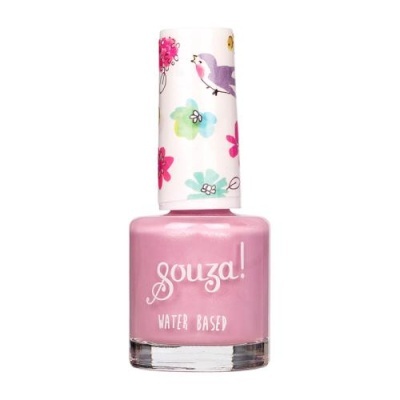 Frasco de esmalte de unhas rosa claro com tampa branca decorada com flores e pássaros.