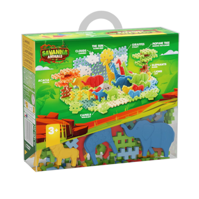 Brinquedo de montagem animais da savana com peças coloridas e figuras de animais.