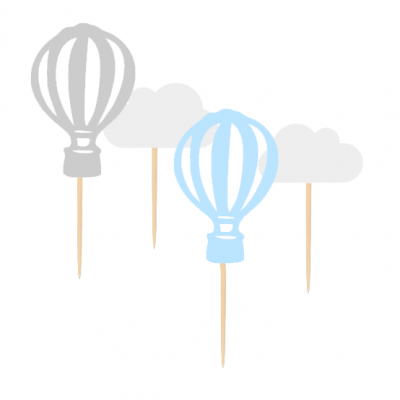 Topper de bolo balões ar quente e nuvens em madeira