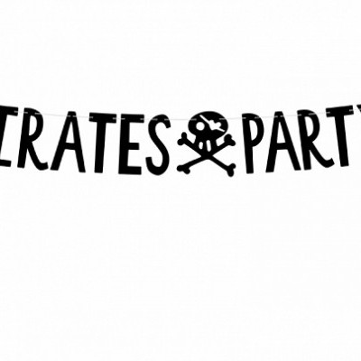 Decoração pendente com texto PIRATES PARTY e símbolo de caveira