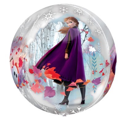 Bola transparente com imagem da personagem Anna e flocos de neve