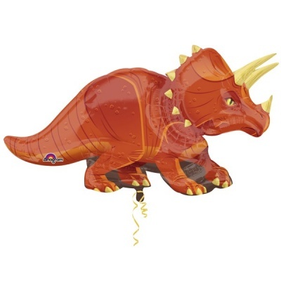 Balão metalizado em forma de dinossauro Triceratops laranja com detalhes amarelos