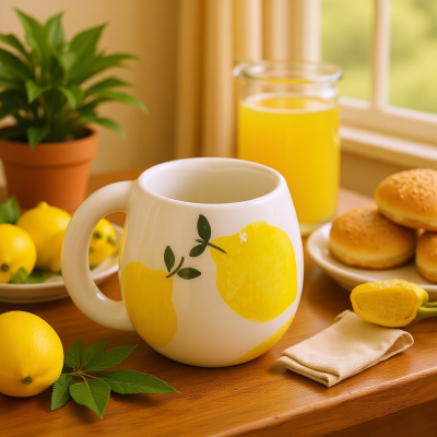 Caneca de cerâmica branca com estampa de limões e folhas em mesa de madeira junto com limões, sumo e pão.