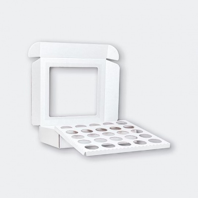 Caixa branca de cartão com tabuleiro de 24 recortes circulares