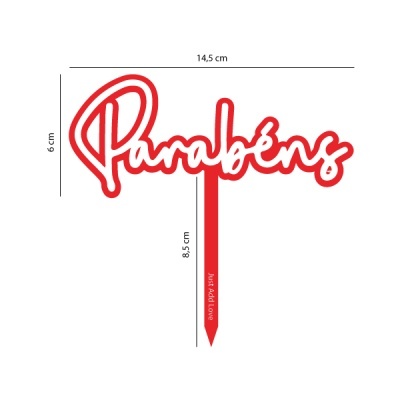 Topper de bolo vermelho e branco com a palavra 'Parabéns'