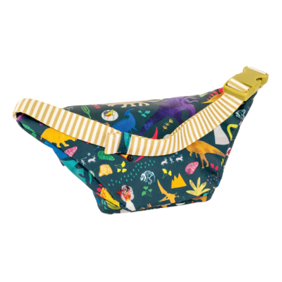 Bolsa tipo cinto com padrão colorido de dinossauros em fundo verde escuro