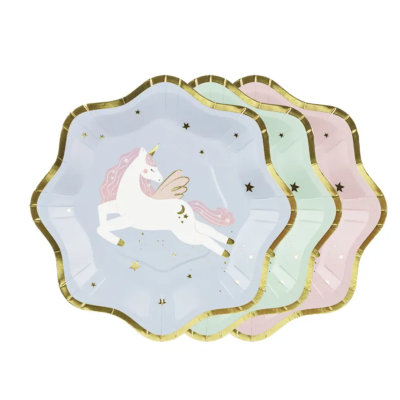Conjunto de três pratos descartáveis com desenho de unicórnio e bordas douradas