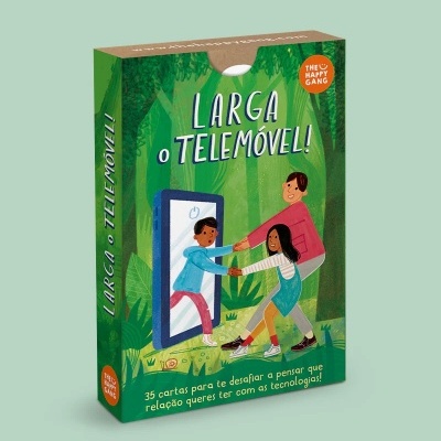 Caixa de cartas LARGA O TELEMÓVEL! com ilustração colorida e texto explicativo