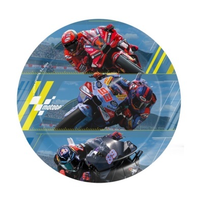Imagem circular com três motos de corrida MotoGP em ação e texto 'motogp'