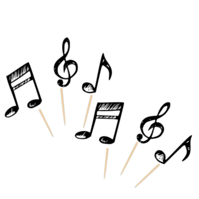 Toppers para bolos em forma de notas musicais pretas com hastes de madeira