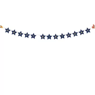 Guirlanda decorativa com estrelas azuis e letras douradas que formam a palavra 'PARABÉNS'