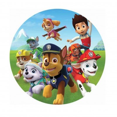 Personagens da Patrulha Pata em campo verde com céu azul