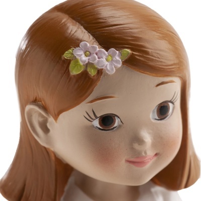 Cabeça de boneca em cerâmica com cabelo castanho e flores decorativas cor-de-rosa