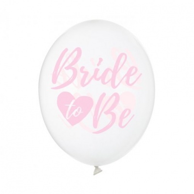 Balão branco com texto rosa 'Bride to Be' e corações rosa