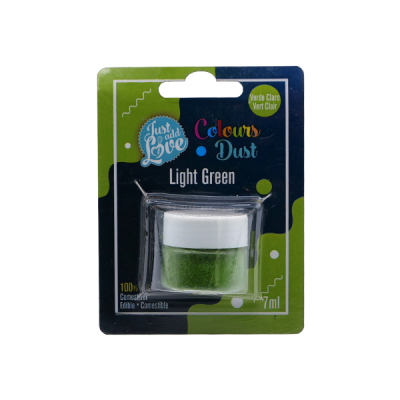 Pó colorante comestível verde claro em embalagem pequena com rótulo colorido