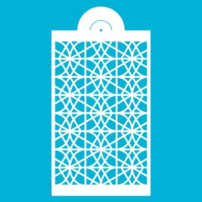 Painel decorativo metálico branco com padrão geométrico sobre fundo azul